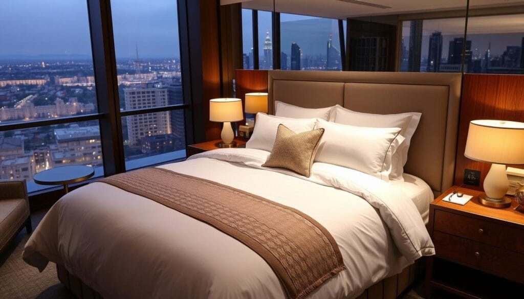 Luxurious cotton bedding in a high-end hotel room setting. A plush, full bed with crisp white sheets and a decorative duvet cover. Soft, textural pillows in complementary hues. Elegant side tables with subtle lighting, casting a warm, inviting glow. Wooden furniture and accents add a touch of sophistication. Panoramic windows showcase a scenic city skyline. Refined, serene atmosphere embodying the quality craftsmanship of "شركة توريد العالمية للصناعة".