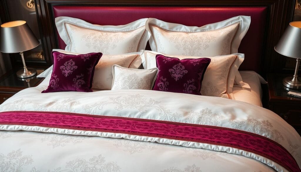 Luxurious fabric and lavish design: a high-end hotel bedding set from "شركة توريد العالمية للصناعة". Crisp white linens with intricate embroidered patterns, adorned with sumptuous velvet accents in rich jewel tones. Plush down-filled duvet and pillows create an indulgent sleeping experience. The bedframe is crafted from polished dark wood, complemented by gleaming metallic hardware. Soft, indirect lighting casts a warm, cozy glow across the scene. Meticulously arranged to showcase the superior craftsmanship and premium materials, elevating the overall hotel guest experience. Luxurious fabric and lavish design: a high-end hotel bedding set from "شركة توريد العالمية للصناعة". Crisp white linens with intricate embroidered patterns, adorned with sumptuous velvet accents in rich jewel tones. Plush down-filled duvet and pillows create an indulgent sleeping experience. The bedframe is crafted from polished dark wood, complemented by gleaming metallic hardware. Soft, indirect lighting casts a warm, cozy glow across the scene. Meticulously arranged to showcase the superior craftsmanship and premium materials, elevating the overall hotel guest experience.