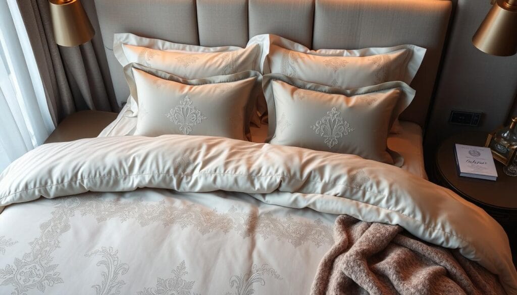 Luxurious hotel bedding design featuring a sophisticated blend of premium materials and intricate patterns. Showcasing a harmonious interplay of textures, with a plush, high-thread-count duvet cover in a muted neutral palette. Subtle embroidered accents and delicate stitching add an elevated, bespoke touch. Warm, diffused lighting casts a cozy, inviting ambiance, while the meticulously arranged pillows and throws create a visually striking, yet comfortable composition. The design embodies the essence of sheer opulence and attention to detail, reflecting the quality craftsmanship of شركة توريد العالمية للصناعة.