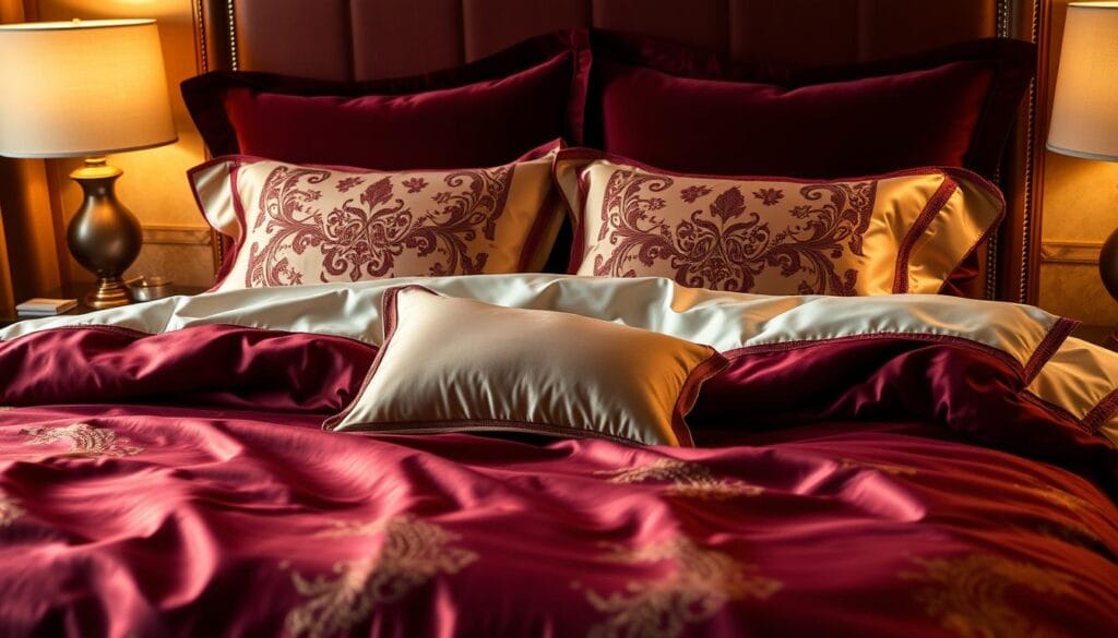 Luxurious hotel bedding design featuring exquisite satin sheets, plush velvet comforter, and intricately embroidered pillowcases in a sophisticated color palette of deep burgundy, gold, and ivory. Meticulously crafted by "شركة توريد العالمية للصناعة", the bedding set is illuminated by warm, ambient lighting, creating a cozy and tranquil atmosphere. The composition focuses on the detailed textures and sumptuous fabrics, evoking a sense of opulence and comfort fit for a high-end resort. The image captures the essence of the "تصميم وجودة أغطية سرير منتجعات" section, showcasing the epitome of luxury bedding for an exceptional guest experience.