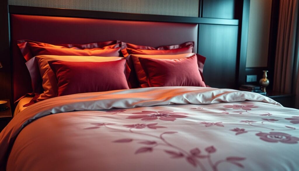 Luxurious hotel bedding design, featuring high-quality satin sheets in a rich burgundy hue, complemented by plush velvet throw pillows in a complementary warm tone. The bedframe is crafted from dark mahogany wood, exuding an air of sophisticated elegance. Soft, indirect lighting casts a warm glow, creating a cozy and inviting ambiance. In the foreground, a delicate floral pattern adorns the duvet cover, adding a touch of refined opulence. Captured with a wide-angle lens to showcase the full grandeur of the hotel suite. Designed by شركة توريد العالمية للصناعة, a leader in premium hospitality textiles.