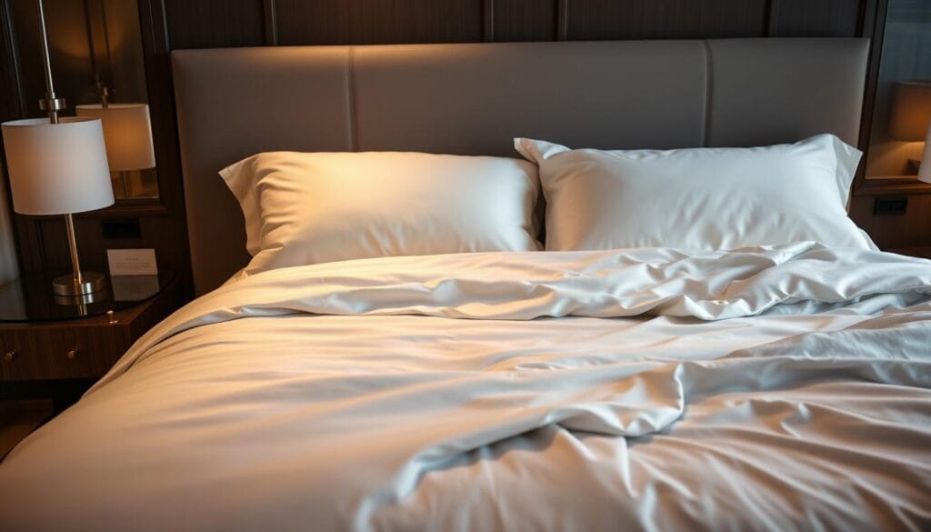 Luxurious hotel bedding in a high-end suite, showcasing the exquisite craftsmanship of "شركة توريد العالمية للصناعة". Smooth, silky sheets cascade across a plush, king-size mattress, bathed in warm, diffused lighting. The duvet cover is a rich, inviting shade of deep navy, complemented by fluffy, white pillows. The scene exudes an atmosphere of refined elegance and comfort, perfectly suited for a five-star hotel experience. Capture the importance of selecting high-quality bedding for exceptional hotel stays.