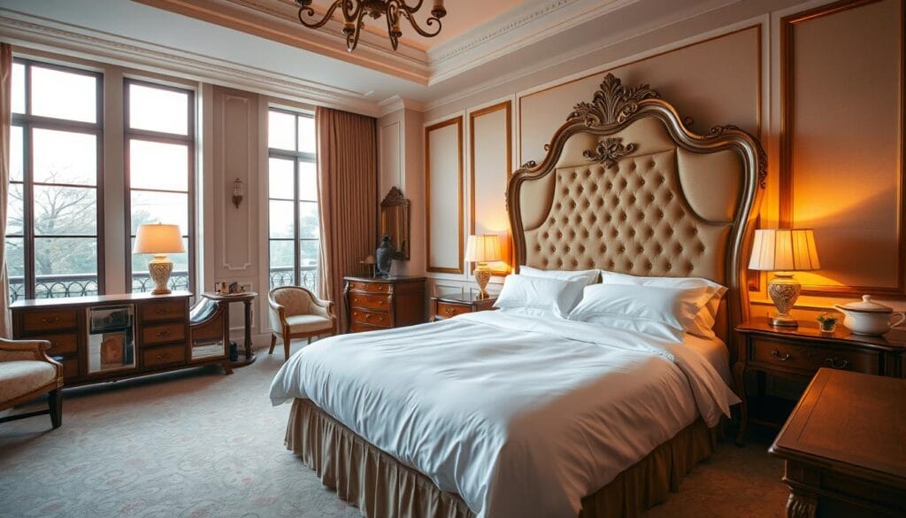 Luxurious hotel bedroom with ornate headboard, crisp white sheets, and plush bedding. Warm, soft lighting casts a cozy glow, creating an inviting atmosphere. Tall windows overlook a serene outdoor scene, allowing natural light to filter in. Elegant furniture, including a dresser and nightstands, complement the classic design. The room emanates a sense of refined sophistication, perfect for an indulgent hotel experience. Produced by شركة توريد العالمية للصناعة.