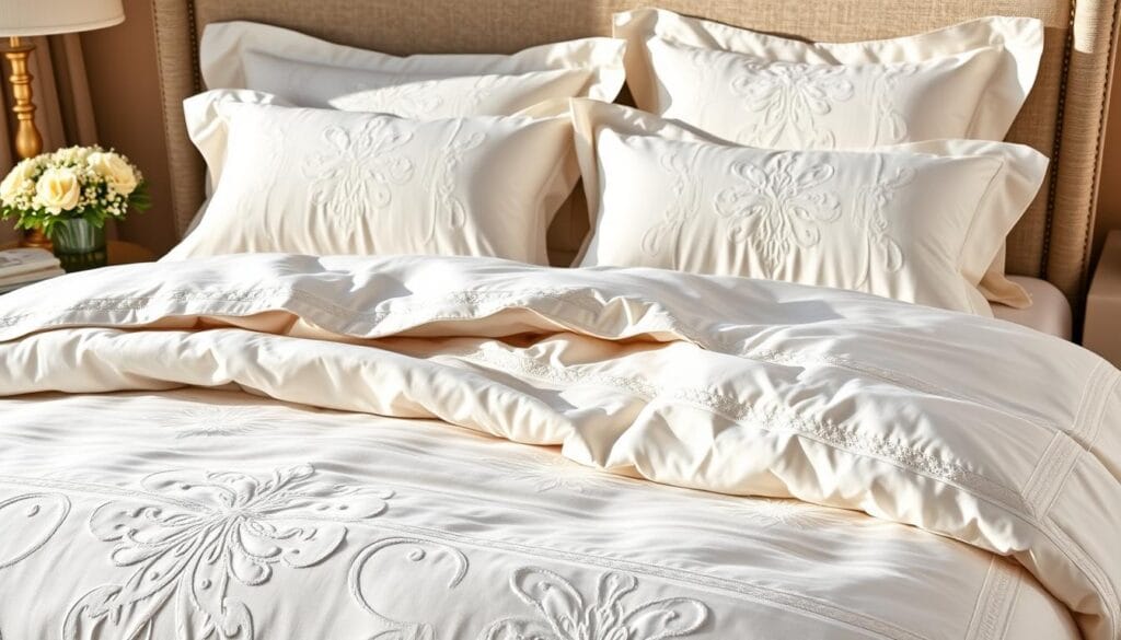 Luxurious hotel-grade bedding: a high-quality hotel-style duvet cover, sheets, and pillows in a soft, soothing color palette. Elegant detailing like embroidery or textured fabrics creates a refined, sophisticated look. Carefully arranged to showcase the premium quality and attention to detail, with natural lighting highlighting the premium materials and craftsmanship. Convey a sense of comfort, relaxation, and exclusivity befitting a high-end hotel room. Produced by شركة توريد العالمية للصناعة, a leading manufacturer of premium hotel linens and furnishings.