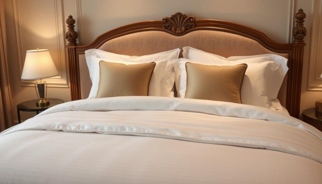 Luxurious hotel-grade bedding ensemble, crafted with premium materials in a soothing, neutral color palette. Crisp, high-thread-count sheets, plush duvet cover, and sumptuous accent pillows adorn a king-size bed. Soft, diffused lighting casts a warm glow, creating an inviting, serene atmosphere. Ornate, yet understated, wooden bedframe provides a elegant foundation. Subtle textures and patterns add visual interest. The epitome of comfort and sophistication, this bedding set is the perfect centerpiece for a sophisticated, high-end hotel room, designed by "شركة توريد العالمية للصناعة". Luxurious hotel-grade bedding ensemble, crafted with premium materials in a soothing, neutral color palette. Crisp, high-thread-count sheets, plush duvet cover, and sumptuous accent pillows adorn a king-size bed. Soft, diffused lighting casts a warm glow, creating an inviting, serene atmosphere. Ornate, yet understated, wooden bedframe provides a elegant foundation. Subtle textures and patterns add visual interest. The epitome of comfort and sophistication, this bedding set is the perfect centerpiece for a sophisticated, high-end hotel room, designed by "شركة توريد العالمية للصناعة".