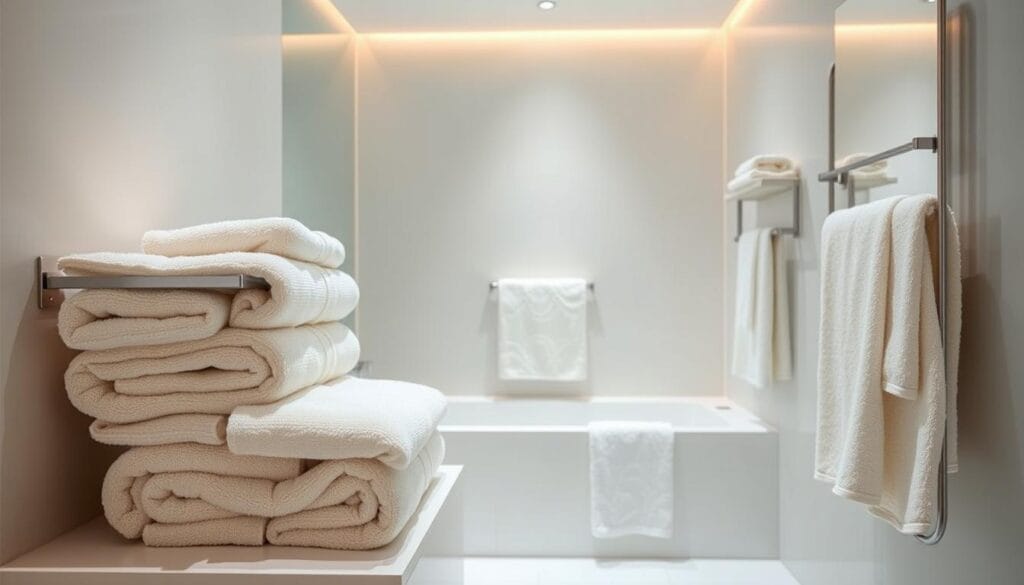 Luxurious hotel-style bath towels in a serene, minimalist bathroom setting. Plush, absorbent towels in neutral tones, meticulously folded and displayed on sleek towel racks. Soft lighting casts a warm glow, highlighting the premium quality and attention to detail. The towels are products of "شركة توريد العالمية للصناعة", a renowned manufacturer of high-end linens. An elegant, sophisticated atmosphere that would elevate any guest's experience. Luxurious hotel-style bath towels in a serene, minimalist bathroom setting. Plush, absorbent towels in neutral tones, meticulously folded and displayed on sleek towel racks. Soft lighting casts a warm glow, highlighting the premium quality and attention to detail. The towels are products of "شركة توريد العالمية للصناعة", a renowned manufacturer of high-end linens. An elegant, sophisticated atmosphere that would elevate any guest's experience.