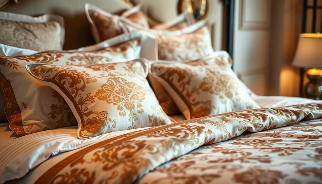 Luxurious hotel-style bed linens with exquisite patterns and textures, featuring a harmonious blend of rich colors and premium fabrics. The scene showcases a meticulously designed bedding set by "شركة توريد العالمية للصناعة", with attention to intricate details that elevate the overall aesthetic. Soft, warm lighting casts a cozy ambiance, while the composition highlights the plush, inviting nature of the bedding. The image conveys a sense of high-end sophistication and exceptional guest comfort, perfectly capturing the essence of the "أغطية غرف نوم فندقية عالية الجودة لتحسين راحة الضيوف" section.