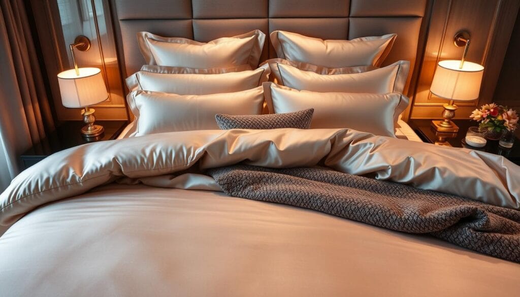 Luxurious hotel-style bedroom bedding from the "شركة توريد العالمية للصناعة" company. Exquisite satin sheets and plush down comforters in muted tones create a cozy, high-end ambiance. Warm lighting casts a soft glow, while carefully arranged pillows and throws add elegant textures. The scene evokes a serene, five-star hotel suite, perfect for a restful night's sleep. Captured with a medium-wide angle lens to showcase the full bedding set in a tastefully decorated bedroom.