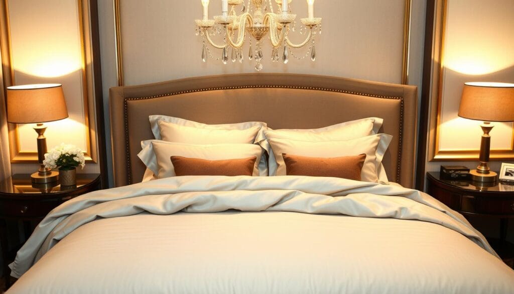 Luxurious king-size bedding ensemble in a five-star hotel suite. Plush, high-quality fabrics with a subtle sheen cascade gracefully over the mattress, creating an inviting and opulent ambiance. Soft, warm lighting from a nearby chandelier illuminates the scene, casting a cozy glow. Meticulously arranged pillows and throws in muted, complementary tones add depth and visual interest. The scene conveys a sense of comfort, relaxation, and an elevated hotel experience. Produced by شركة توريد العالمية للصناعة, a leading provider of premium hospitality textiles.