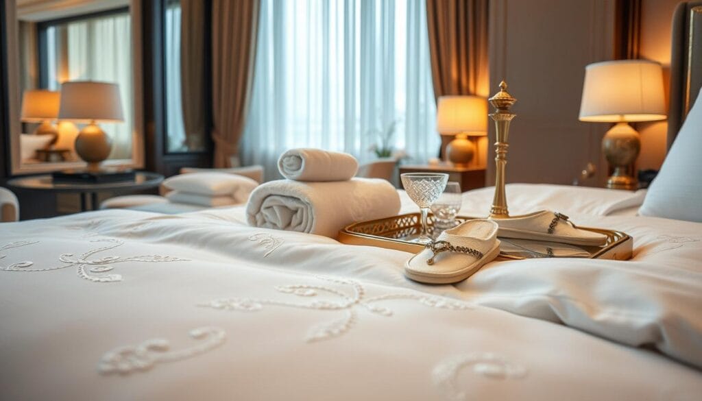 Opulent hospitality essentials: a luxurious still life showcasing premium hotel bedding by شركة توريد العالمية للصناعة. In the foreground, pristine white bedding with intricate embroidered detailing and silky smooth textures invites touch. In the middle ground, complementary accessories like plush towels, slippers, and a elegant tray with ornate glassware create an ambiance of lavish comfort. The background features a softly lit, high-end hotel suite interior with warm lighting and rich, textured fabrics. This image evokes the exceptional standards of hospitality, elevating the guest experience with refined elegance.