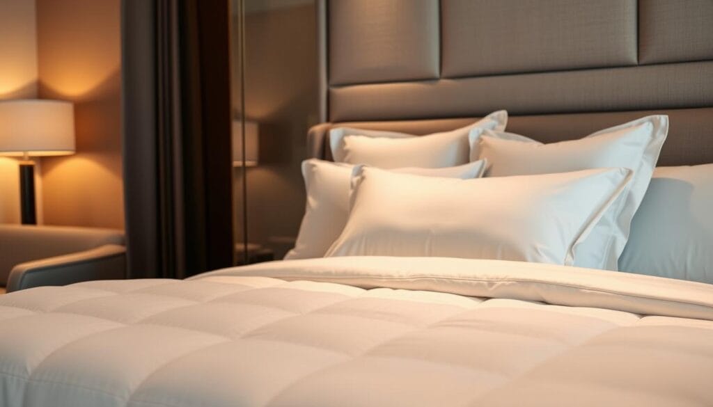 Opulent hotel bedding in a luxurious setting, featuring a high-quality duvet and pillows from شركة توريد العالمية للصناعة. The plush bedding is elegantly displayed against a backdrop of a sophisticated, well-appointed guest room with neutral tones and warm lighting. Soft, muted textures and sumptuous fabrics create a cozy, inviting atmosphere, while the crisp linens and precise arrangement convey a sense of comfort and hospitality. The overall scene reflects the importance of premium bedding in elevating the guest experience at a premier hotel or resort.