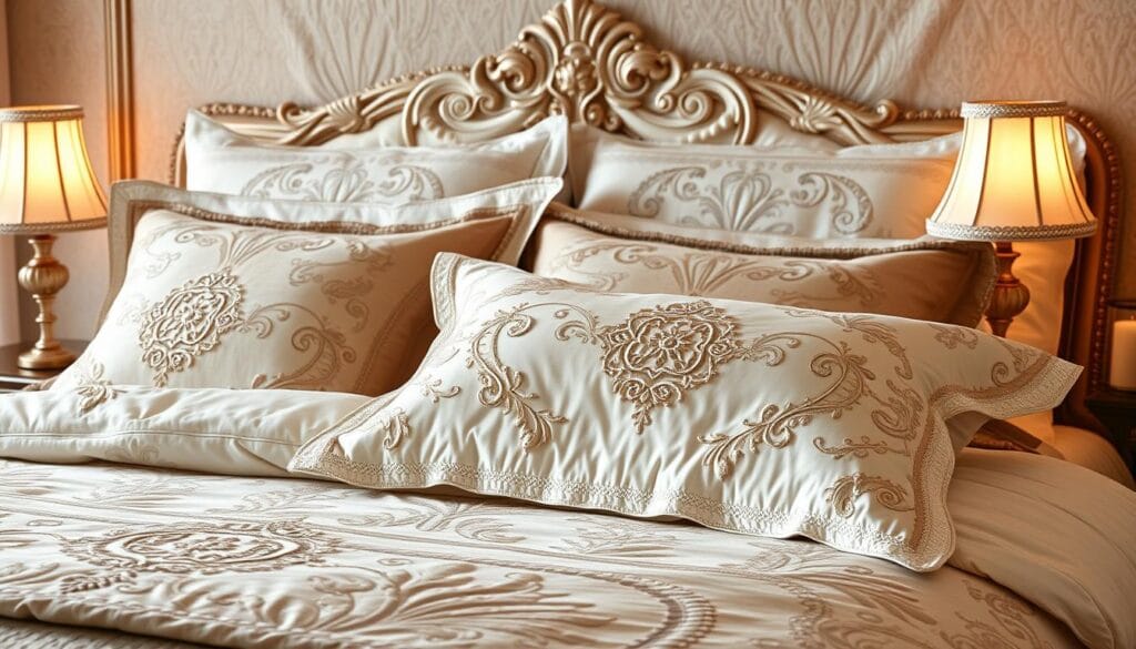Ornate and luxurious hotel bedding from the finest materials, adorned with intricate embroidered patterns and elegant designs. Plush, high-quality fabrics in a soothing color palette create a cozy and inviting atmosphere. Soft lighting casts a warm glow, highlighting the textured surfaces and patterns. Carefully arranged to showcase the attention to detail and craftsmanship of these premium hotel linens from شركة توريد العالمية للصناعة. A tranquil, sophisticated scene that reflects the high-end quality and refined style of the hotel experience.