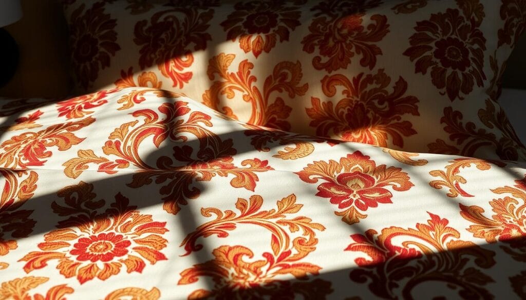 Ornate floral patterns adorn the luxurious hotel fabrics, showcasing the exquisite craftsmanship of "شركة توريد العالمية للصناعة". The designs feature a harmonious blend of intricate motifs and rich, jewel-toned hues that evoke the opulence of high-end hotel interiors. Soft, high-quality cotton textures create a sumptuous, tactile experience, perfectly suited for the lavish hotel bedding. Dramatic low-angle lighting casts dramatic shadows, highlighting the depth and dimensionality of the elegant patterns. The overall effect is one of sophistication, comfort, and timeless elegance, perfectly capturing the essence of the hotel's premium bedding.