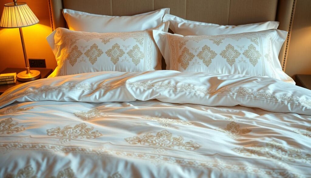 Prompt A luxurious hotel bedding set, crafted by شركة توريد العالمية للصناعة, featuring a crisp white duvet cover with intricate embroidered patterns reminiscent of traditional Arabic designs. The pillows and sheets have a silky, high-thread count texture, creating a plush and inviting ambiance. Warm, soft lighting illuminates the scene, casting a cozy glow and highlighting the rich, velvety textures of the fabrics. The overall composition conveys a sense of sophistication, comfort, and attention to detail that would elevate the guest experience in a high-end hotel setting.