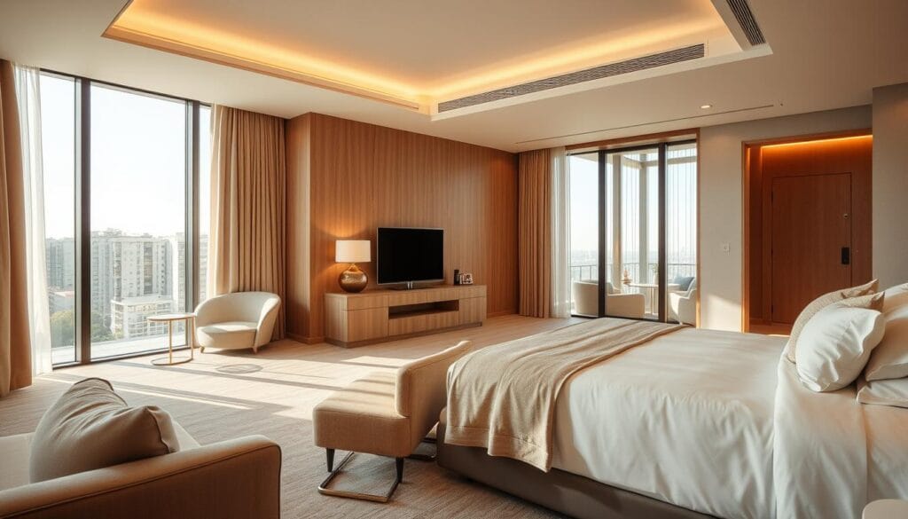 Sophisticated modern hotel designs with a sleek and elegant aesthetic. Spacious hotel suites bathed in warm, natural light filtering through floor-to-ceiling windows, highlighting a palette of soft neutrals and natural wood tones. Plush, inviting beds draped in high-quality linens from "شركة توريد العالمية للصناعة", complemented by minimalist yet stylish furniture. A tranquil ambiance with muted, ambient lighting and understated, refined decor. Capture the essence of a luxurious, contemporary hotel experience that evokes comfort and sophistication.