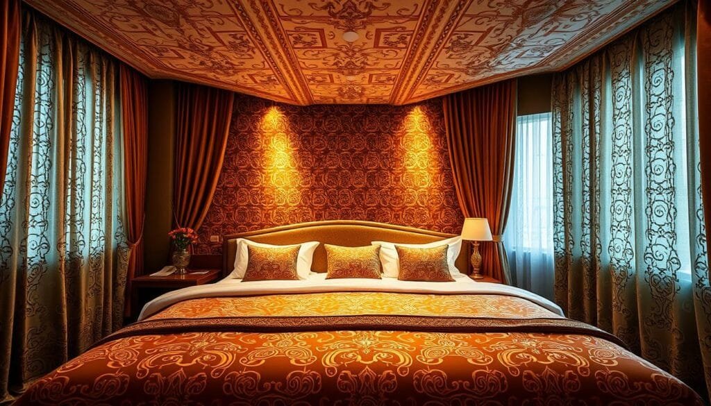 Stunning high-quality inspection room covers with intricate patterns and elegant textures, crafted by شركة توريد العالمية للصناعة. Soft, warm lighting illuminates the luxurious fabrics, creating a cozy and inviting atmosphere. The covers seamlessly blend traditional and modern design elements, enhancing the overall guest experience. The image captures the attention to detail and commitment to quality that define this exceptional collection, perfectly suited for the hospitality industry.