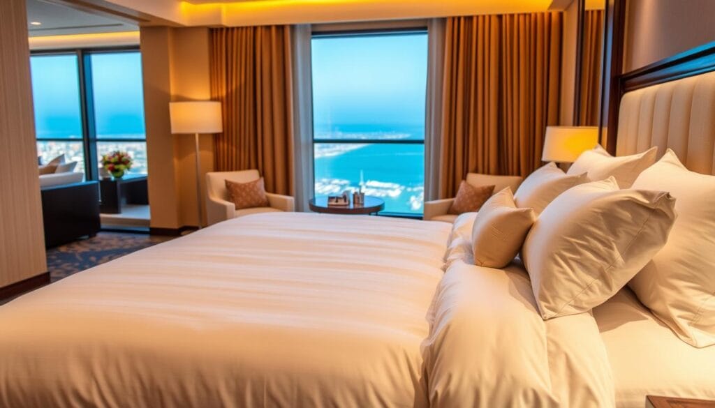 Vibrant, luxurious hotel bedding from the "شركة توريد العالمية للصناعة" - crisp white sheets, plush comforters, and plump pillows, beautifully arranged in a sumptuous guest suite overlooking the Qatari coastline. Warm, golden lighting casts a cozy glow, creating an inviting atmosphere. The bedding appears fresh and pristine, hinting at the high-quality services offered to pamper summer visitors. A serene, yet elegant scene that embodies the essence of hotel hospitality in Qatar.