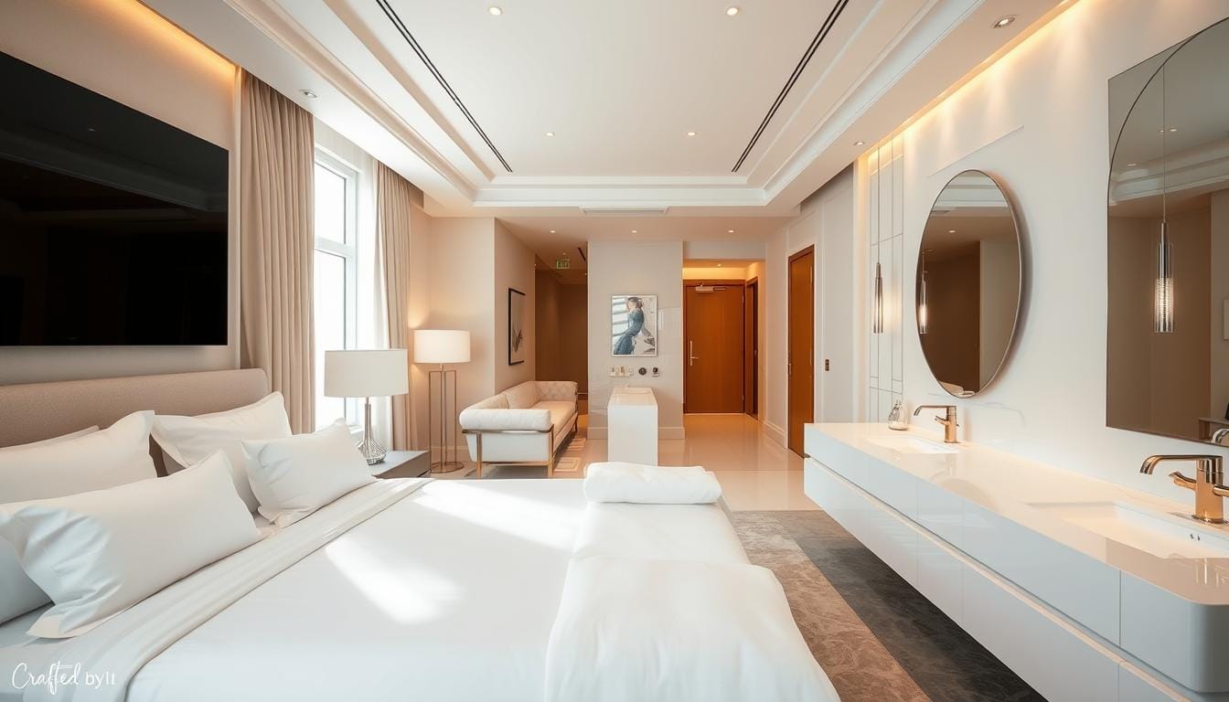 عرض مراتب أجنحة فندقية بيضاء في الدمام